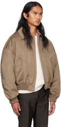 System Brown Spread Collar Faux-Leather Bomber Jacket
