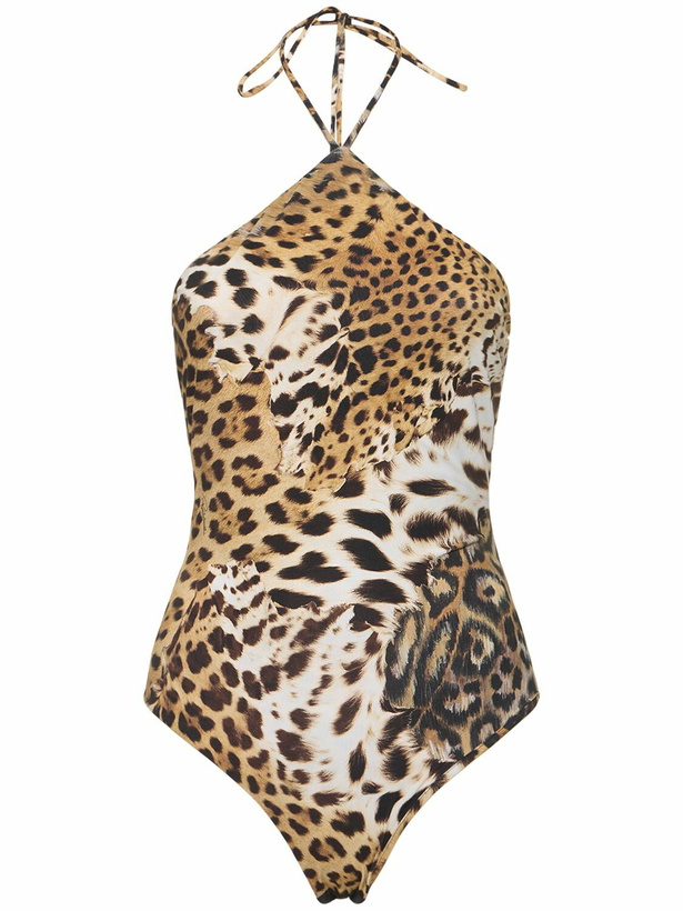 Photo: ROBERTO CAVALLI Leo Printed Lycra Halterneck Bodysuit