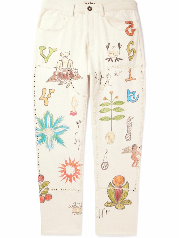 Photo: Karu Research - Small Talk Studio Straight-Leg Cropped Embellished Printed Jeans - White