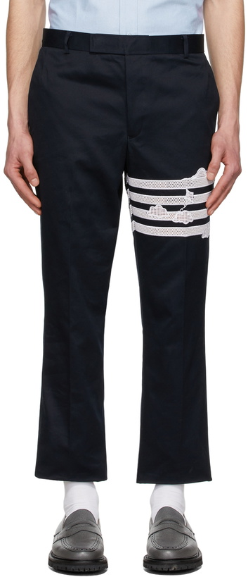 Photo: Thom Browne Navy 4-Bar Trousers