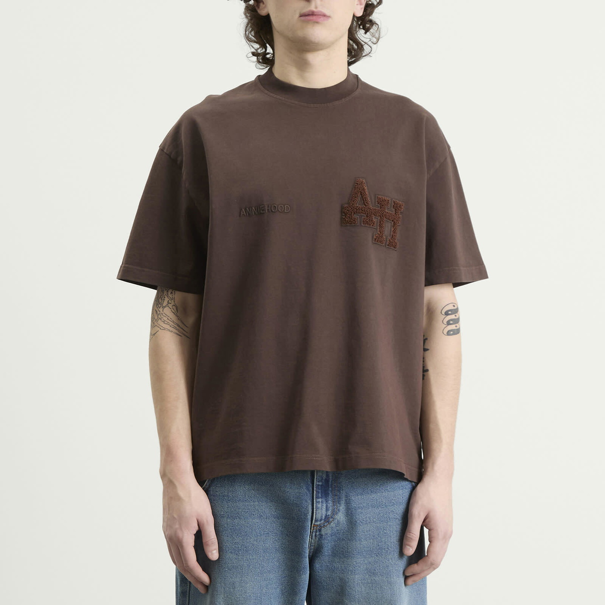 ANNIE HOOD Men's College T-Shirt in Washed Brown