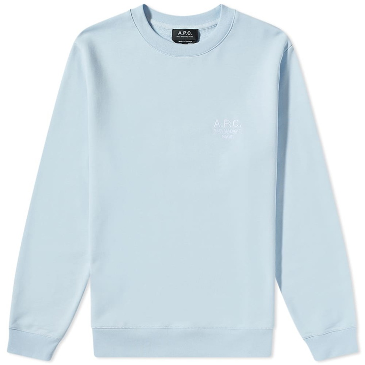 Photo: A.P.C. Men's A.P.C Rider Embroidered Crew Sweat in Light Blue