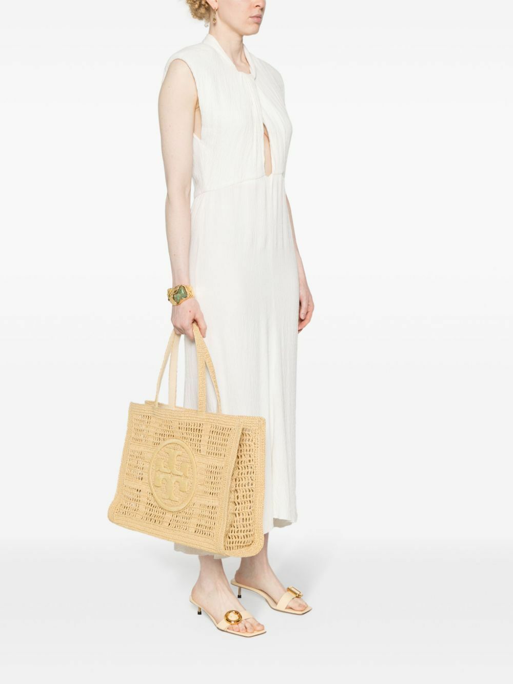 Tory Burch Neutral Ella Straw Crochet Tote Bag