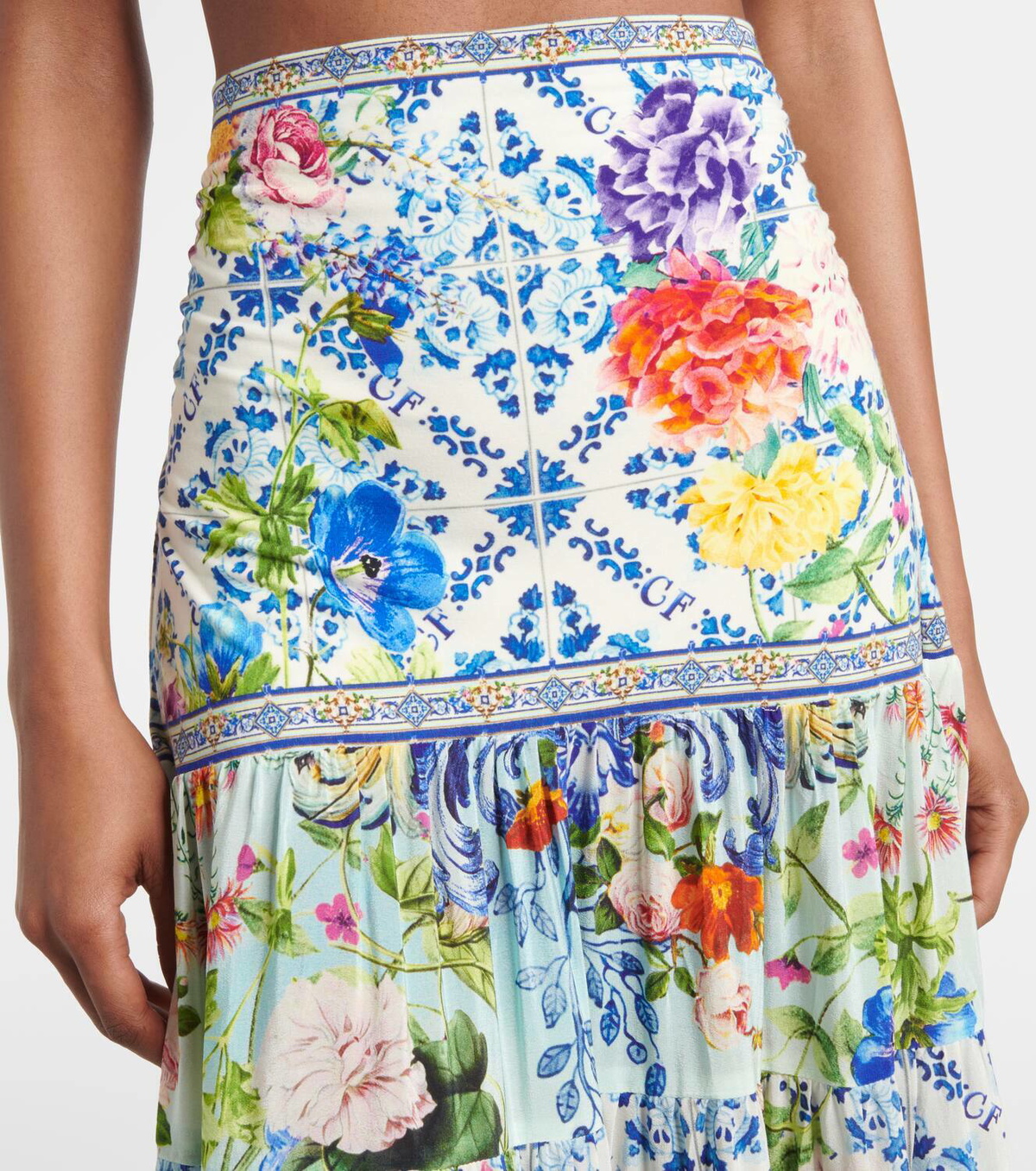 Camilla Floral tiered silk maxi skirt