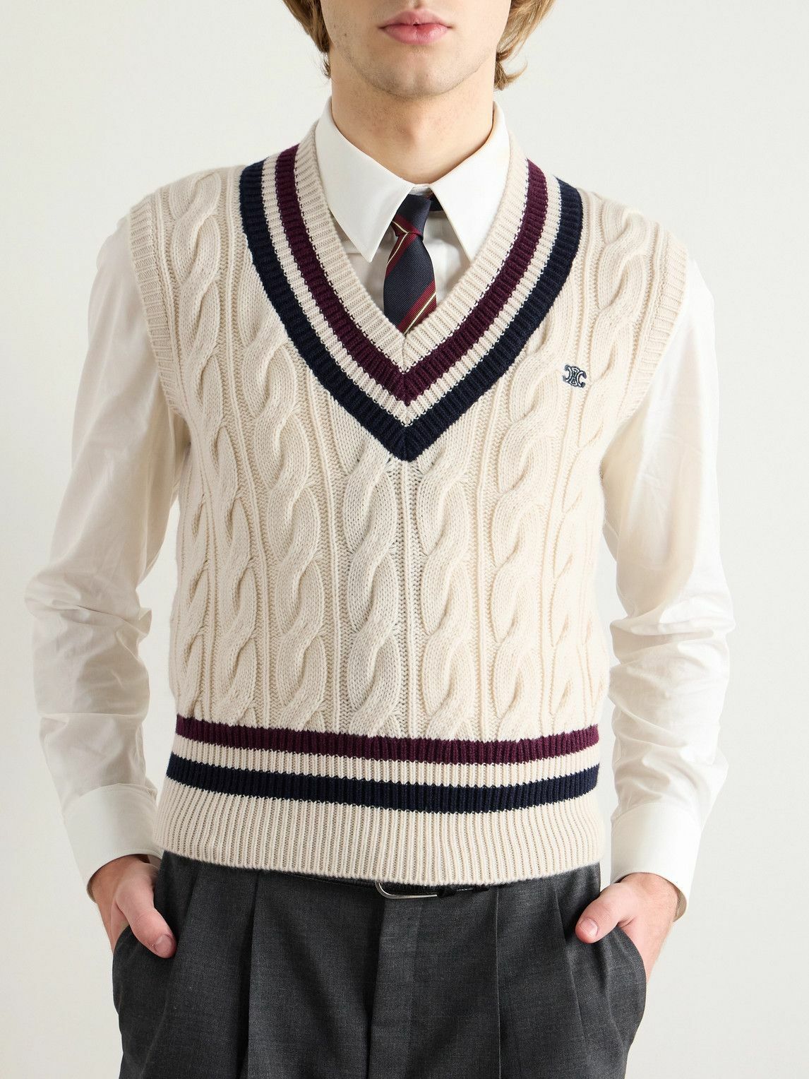 CELINE - Logo-Appliquéd Cable-Knit Striped Cashmere Sweater Vest - Neutrals
