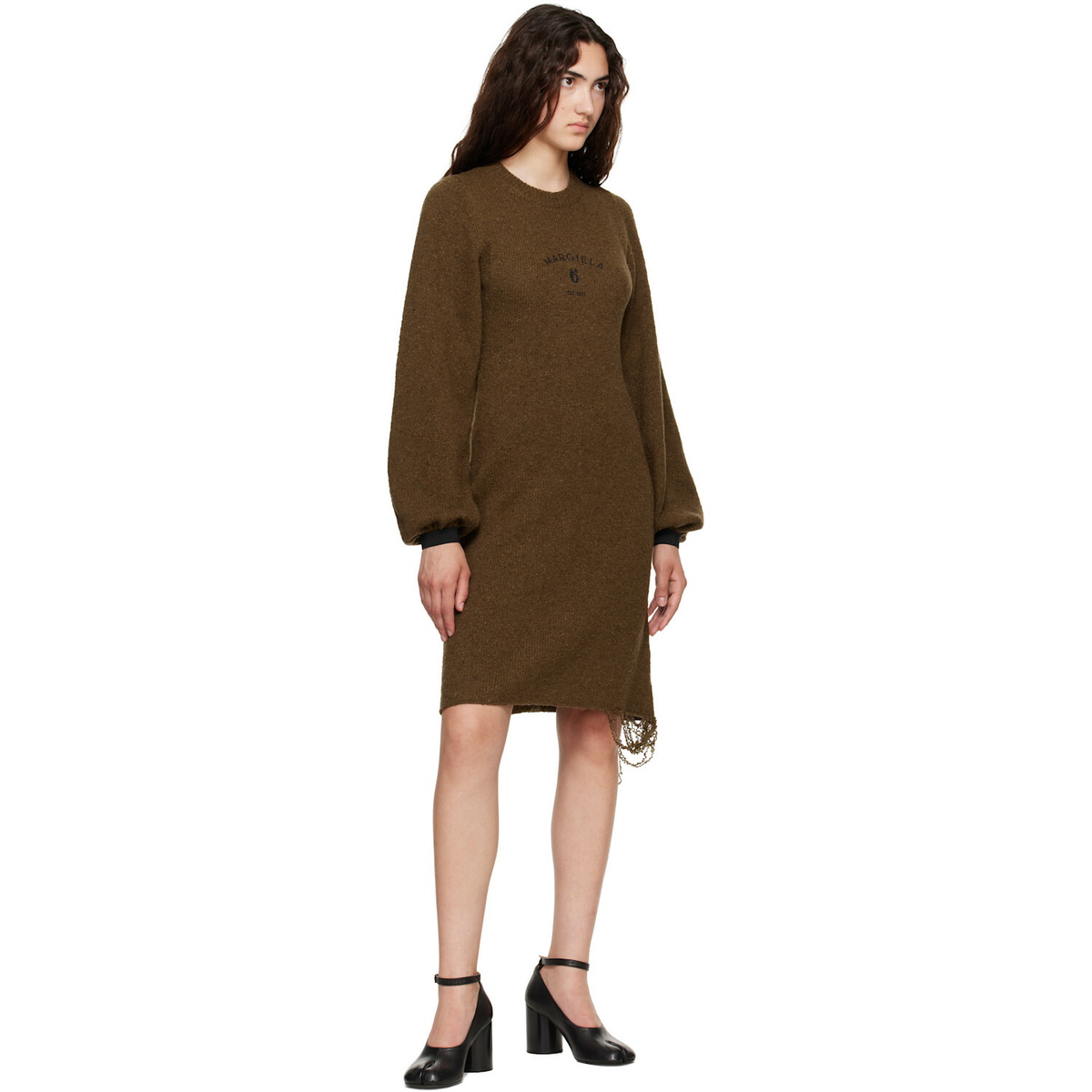 MM6 Maison Margiela Khaki Frayed Knit Midi Dress