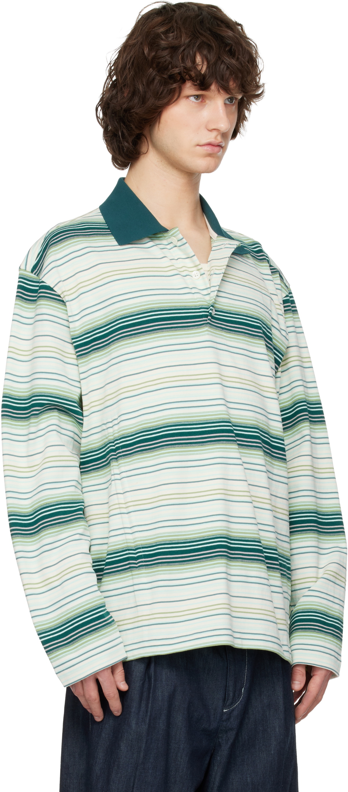 Solid Homme Green Striped Drawstring Collar Neck Long Sleeve Polo
