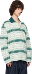 Solid Homme Green Striped Drawstring Collar Neck Long Sleeve Polo