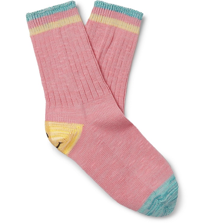 Photo: KAPITAL - Ivy Smilie Striped Cotton and Hemp-Blend Socks - Pink
