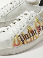 Palm Angels - Distressed Logo-Print Suede-Trimmed Leather Sneakers - White