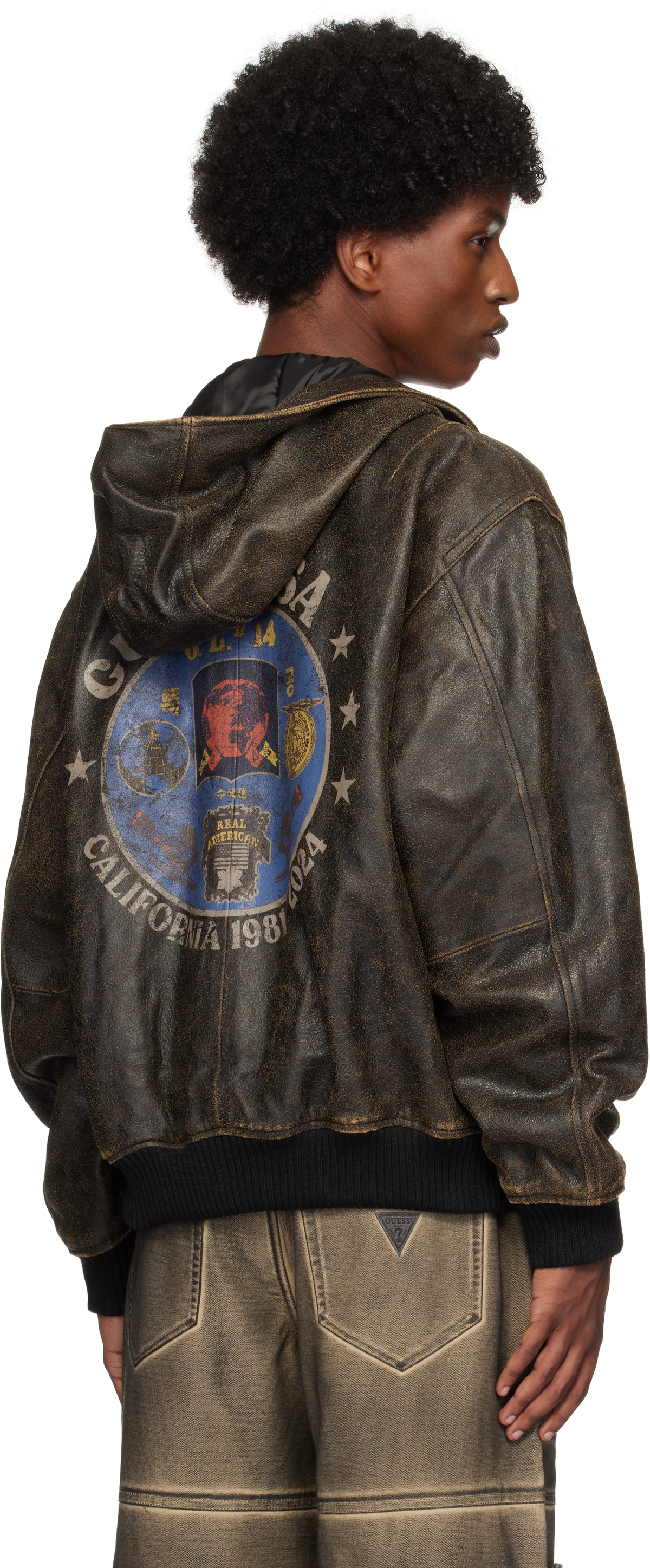 GUESS USA Brown Crackle Leather Hoodie GUESS GUESS USA Brown Crackle Leather Hoodie GUESS