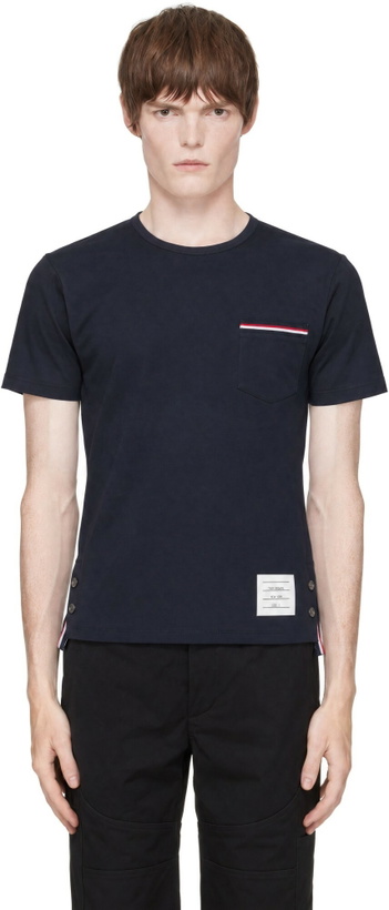 Photo: Thom Browne Navy Jersey RWB Stripe Pocket T-shirt