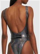 BALMAIN Iridescent Logo Print Belted Swimsuit