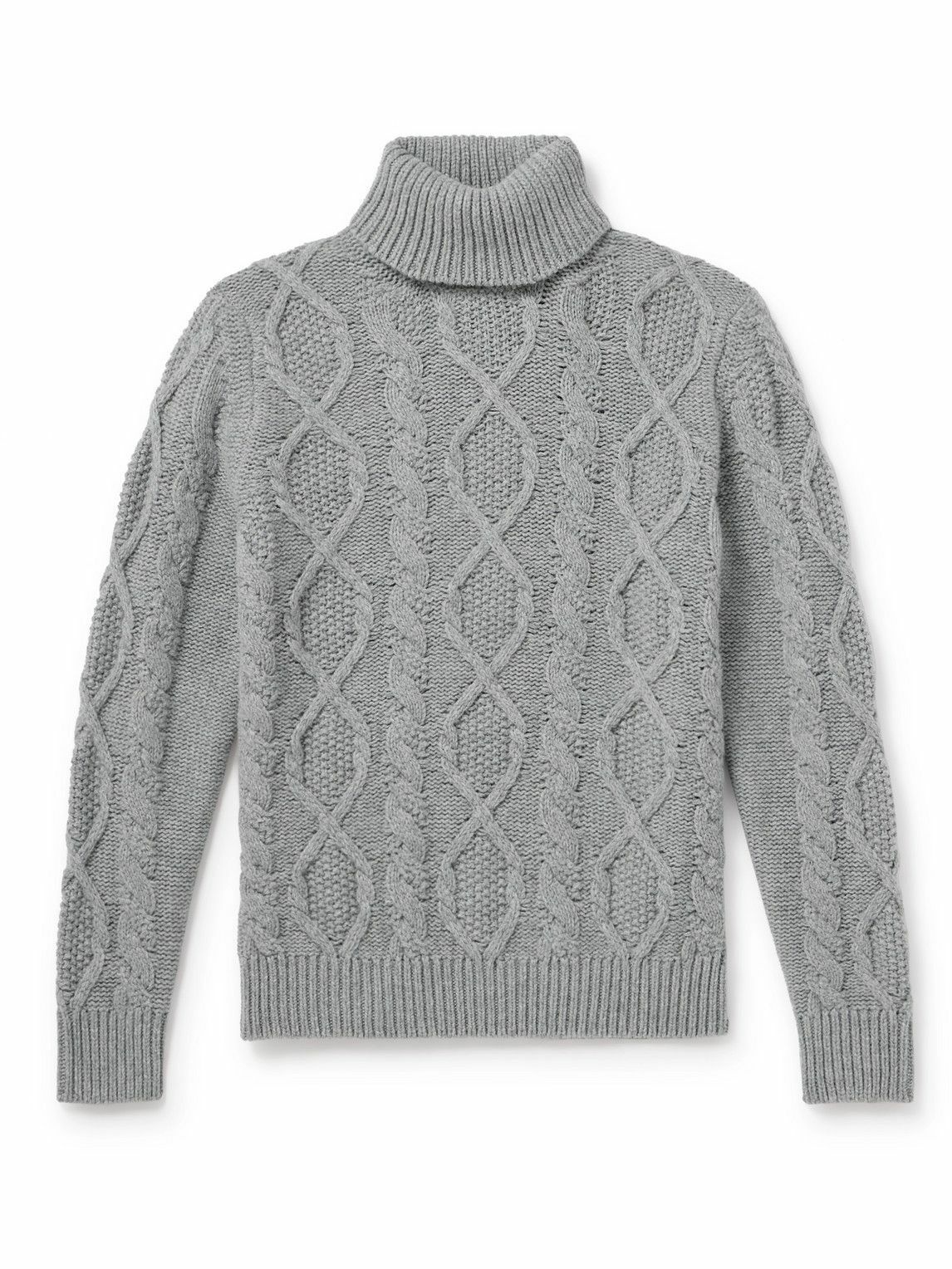 Photo: Anderson & Sheppard - Aran Cable-Knit Wool and Cashmere-Blend Rollneck Sweater - Gray