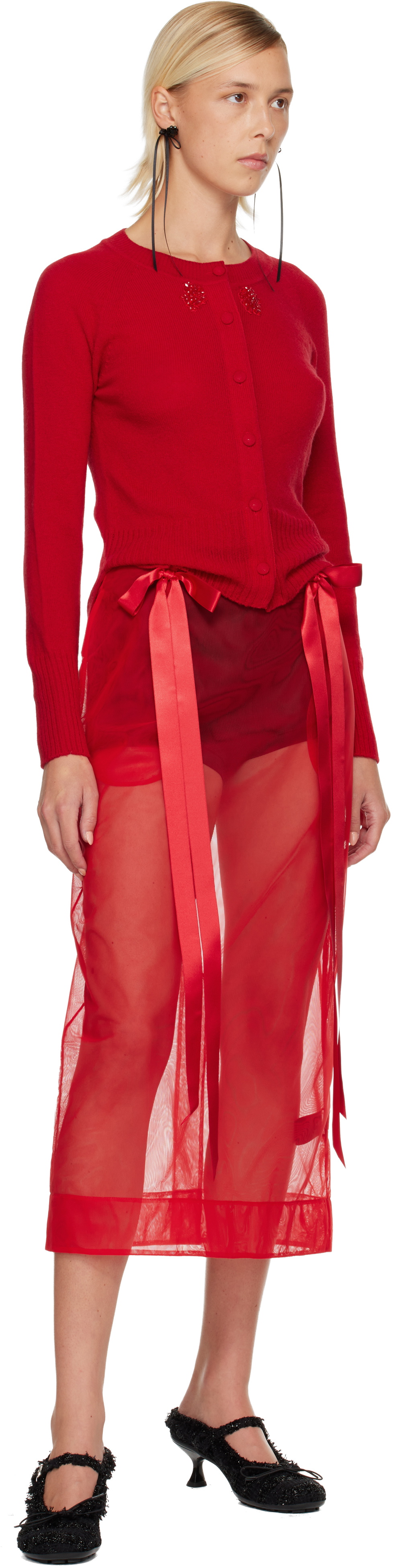 Simone Rocha Red Sheer Bow Ribbon Pencil Midi Skirt Simone Rocha
