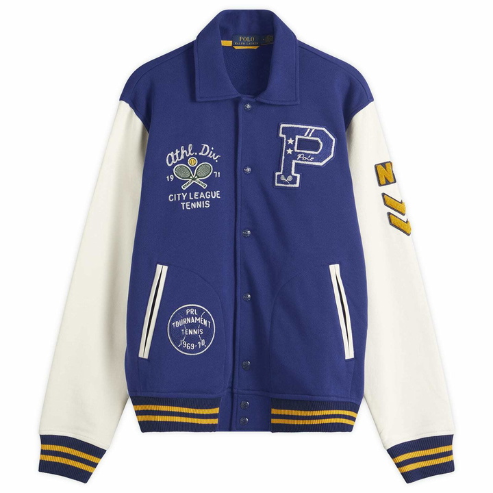 Photo: Polo Ralph Lauren Men's Athletic Club Varsity Jacket in Fall Royal Multi