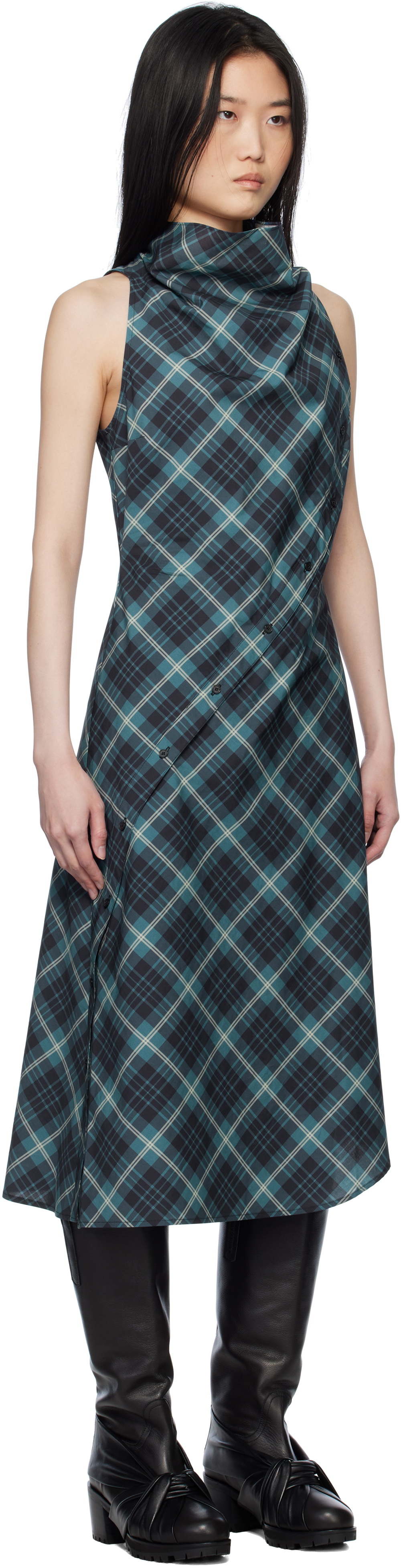 Pushbutton Blue Halter Sleeveless Midi Dress