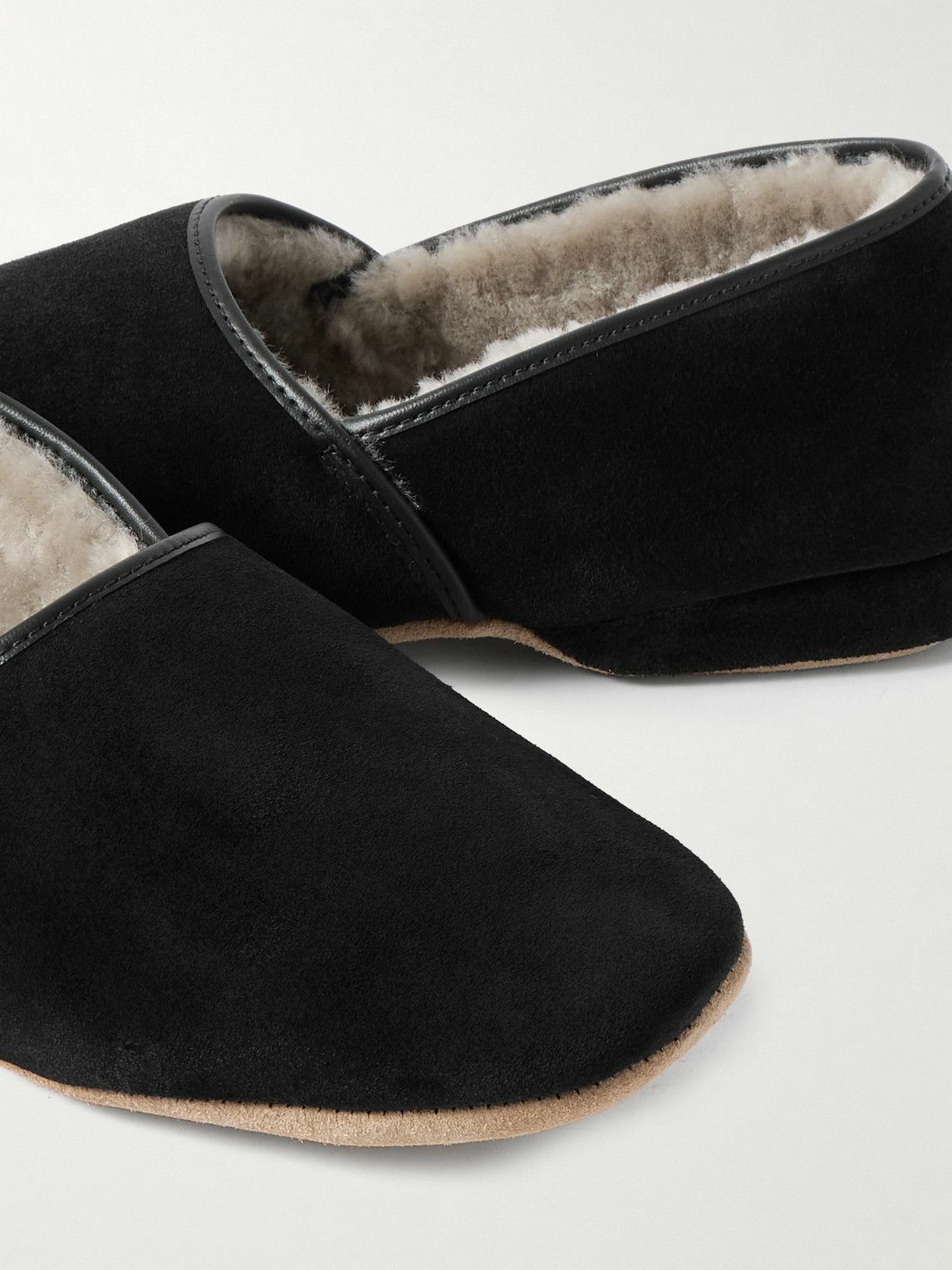 Derek Rose - Crawford Leather-Trimmed Shearling-Lined Suede Slippers - Black