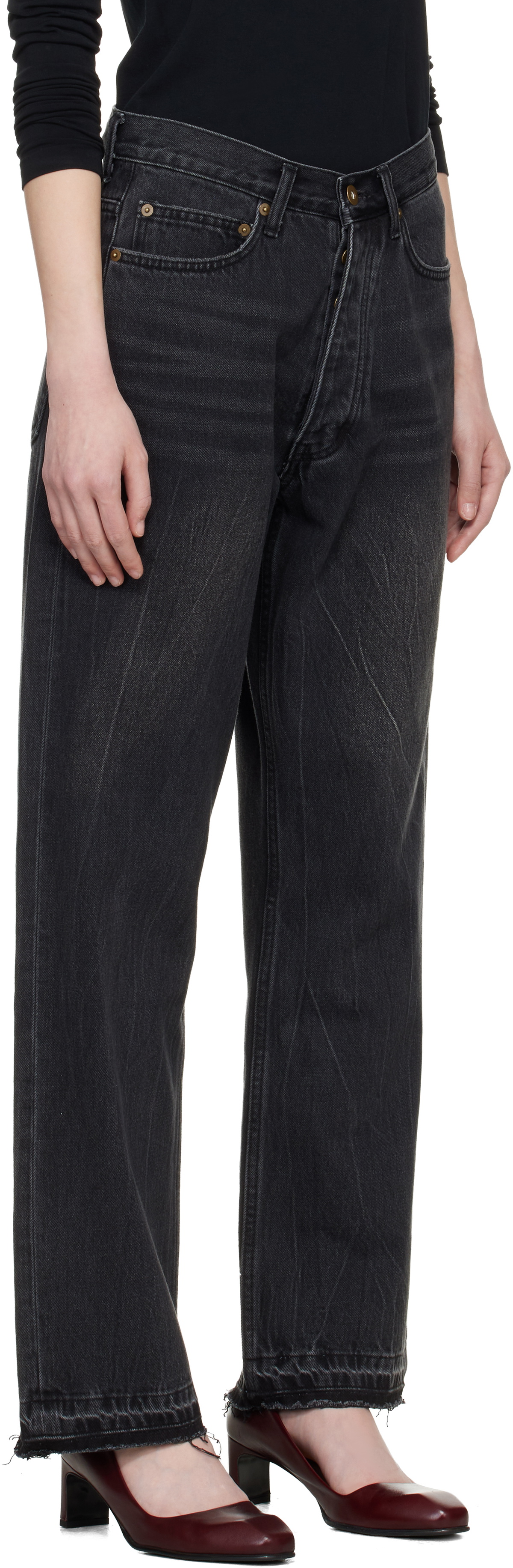 TONYWACK Black Frayed Hem Loose Straight Denim Jeans