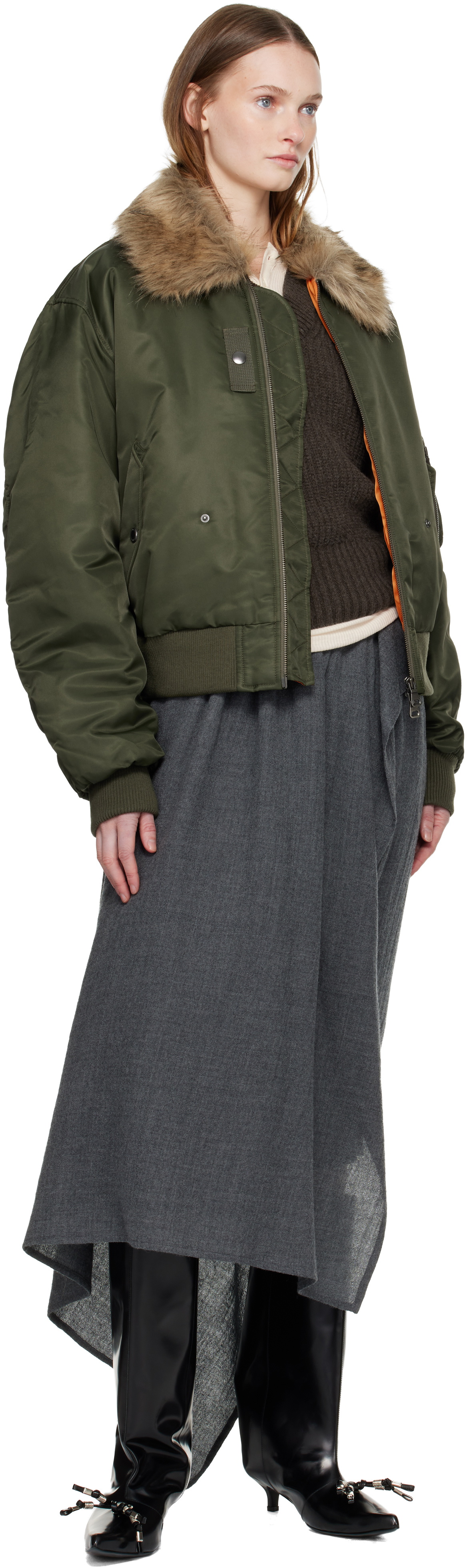 Andersson Bell Green Faux-Fur Collar MA-1 Bomber Jacket