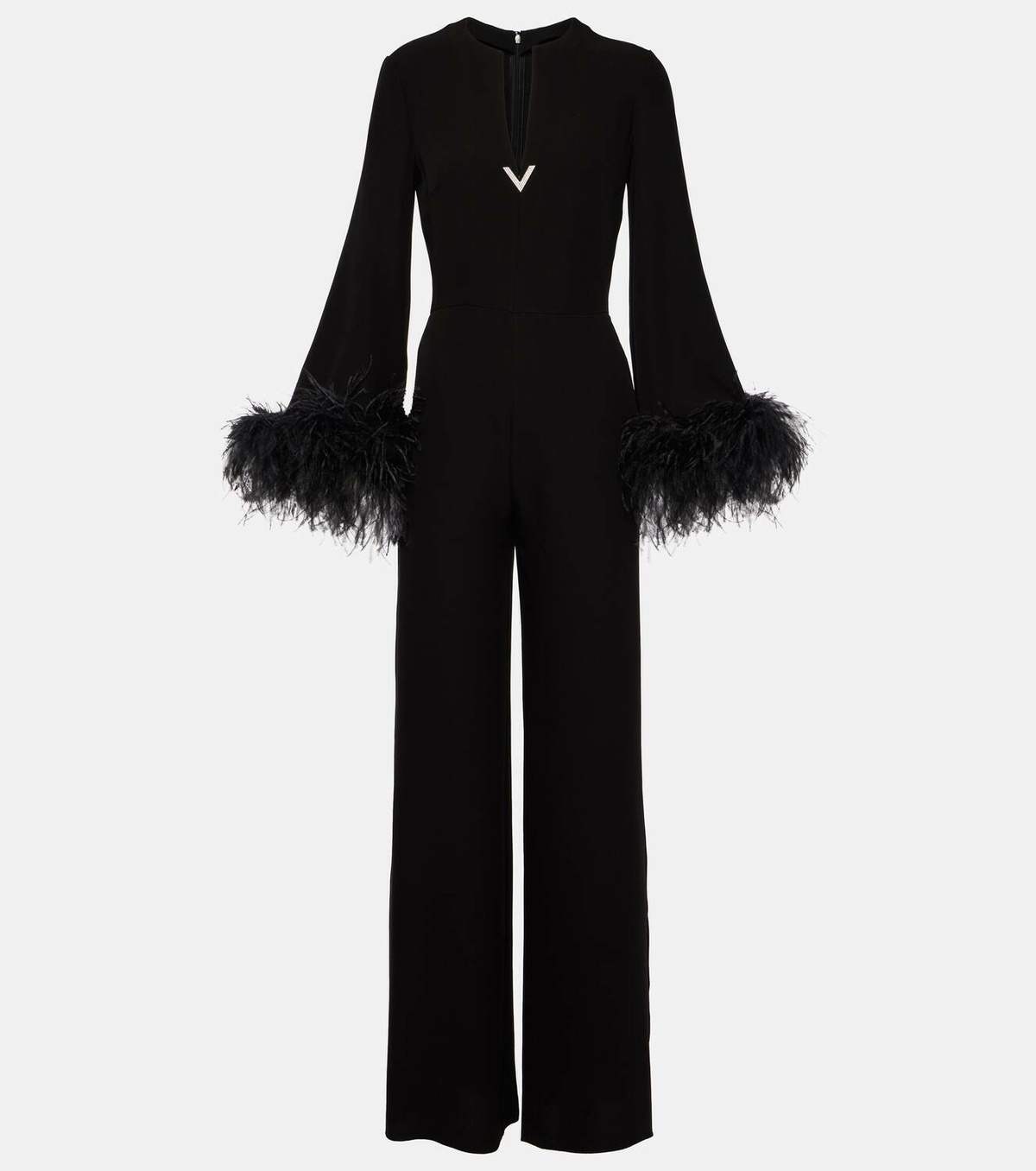 Valentino Feather-trimmed V-neck silk jumpsuit