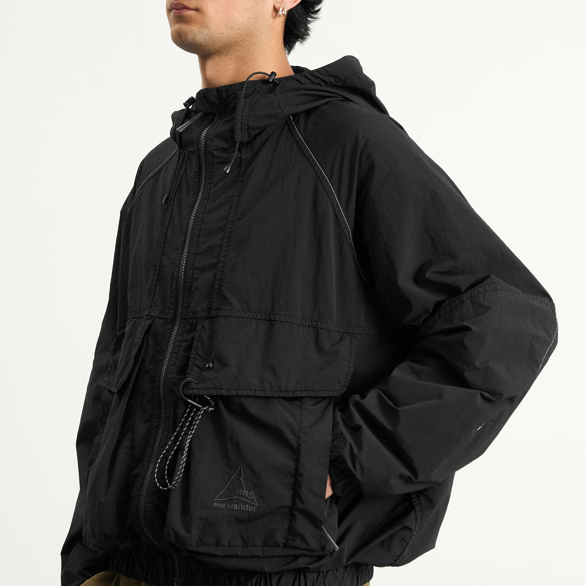 ROA Men's x And Wander Garment Dye Nylon Hooded Jacket in Black ROA