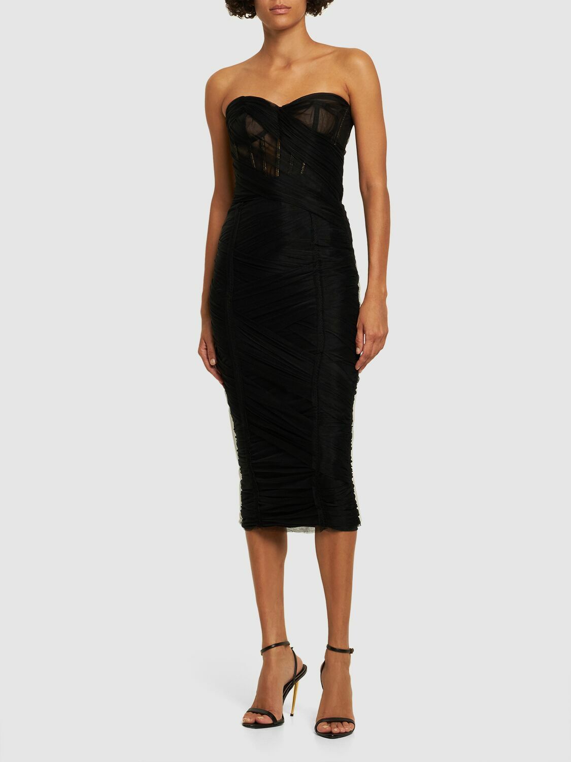 knee length dresses for ladies BCBG MaxAzria Black Strapless Tiered Tulle Midi Dress – SilkRoll