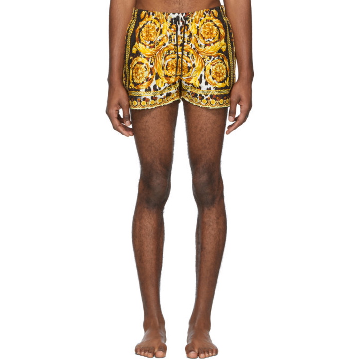 Photo: Versace Underwear Black and Yellow Barocco Swim Shorts