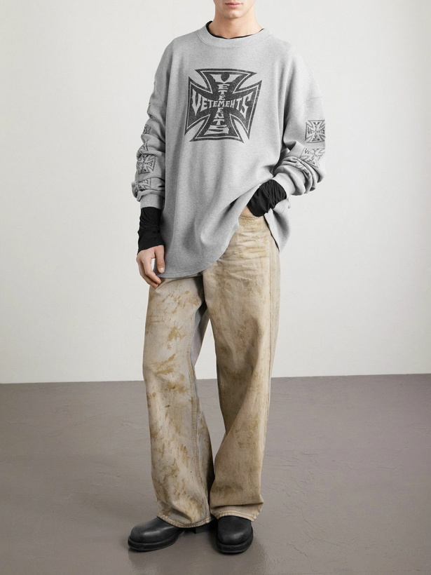 Photo: VETEMENTS - Printed Waffle-Knit Cotton Sweater - Gray