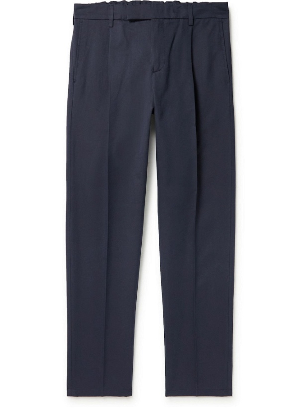 Photo: DUNHILL - Tapered Pleated Cotton and Mulberry Silk-Blend Trousers - Blue