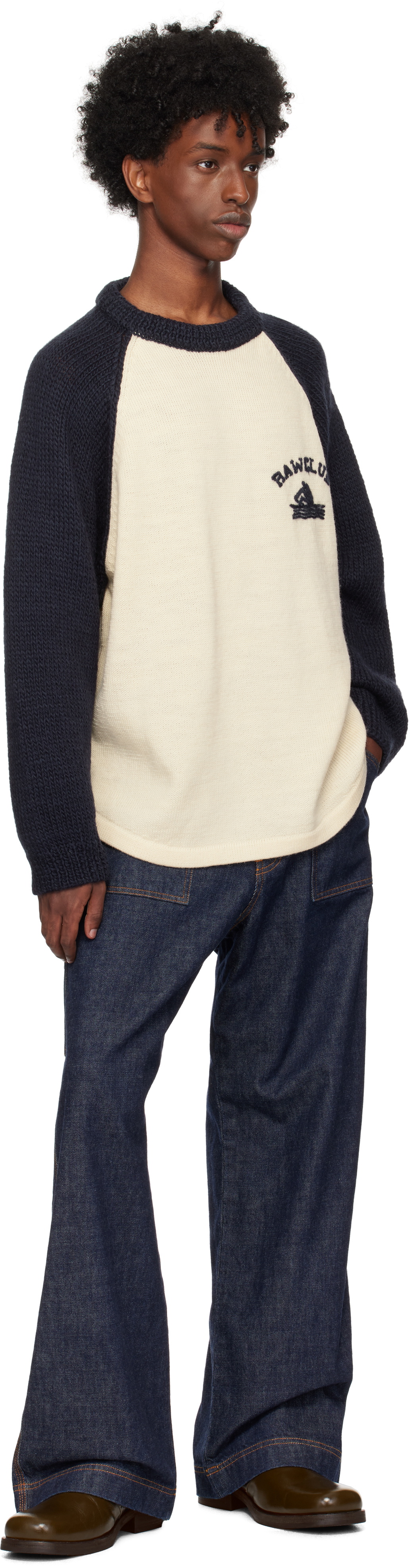 RICE NINE TEN Navy & Beige Hand Knitted Raglan Sweater