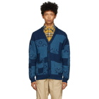 BEAMS PLUS Blue Jacquard Patchwork Cardigan