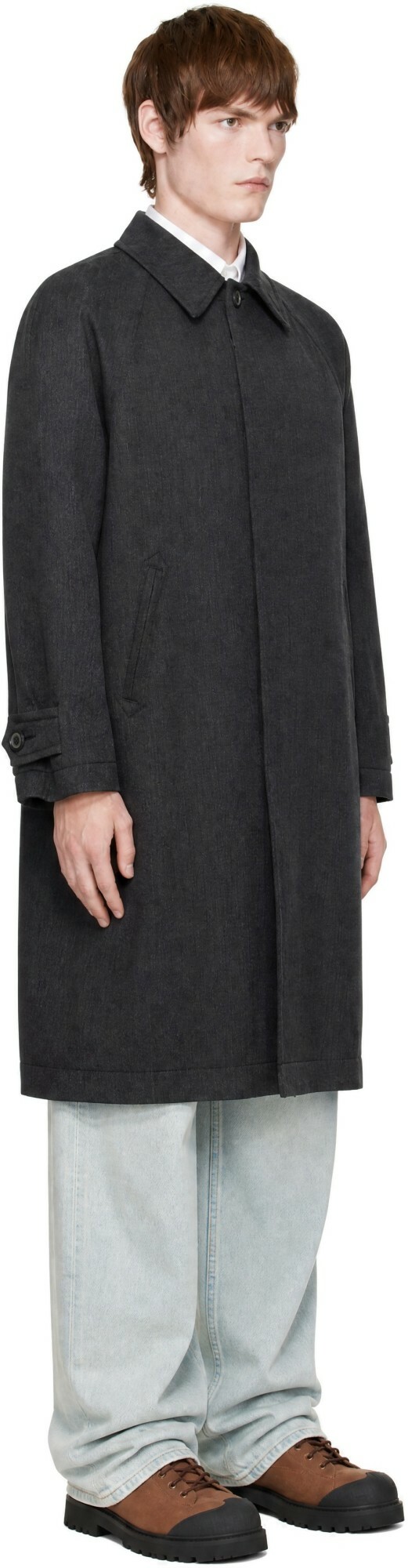 COOR Gray Round Shoulder Leather Trim Balmacaan Coat
