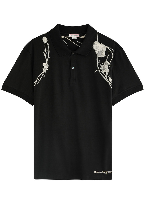 Photo: Alexander Mcqueen Flower Harness Embroidered Cotton Polo-shirt Black