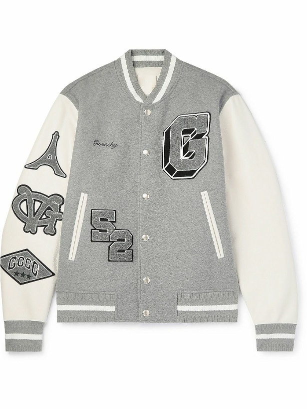 Photo: Givenchy - Logo-Appliquéd Wool-Blend and Leather Varsity Jacket - Gray