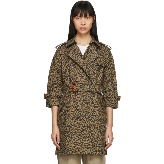 R13 Tan and Black Leopard Raglan Sleeve Trench Coat R13