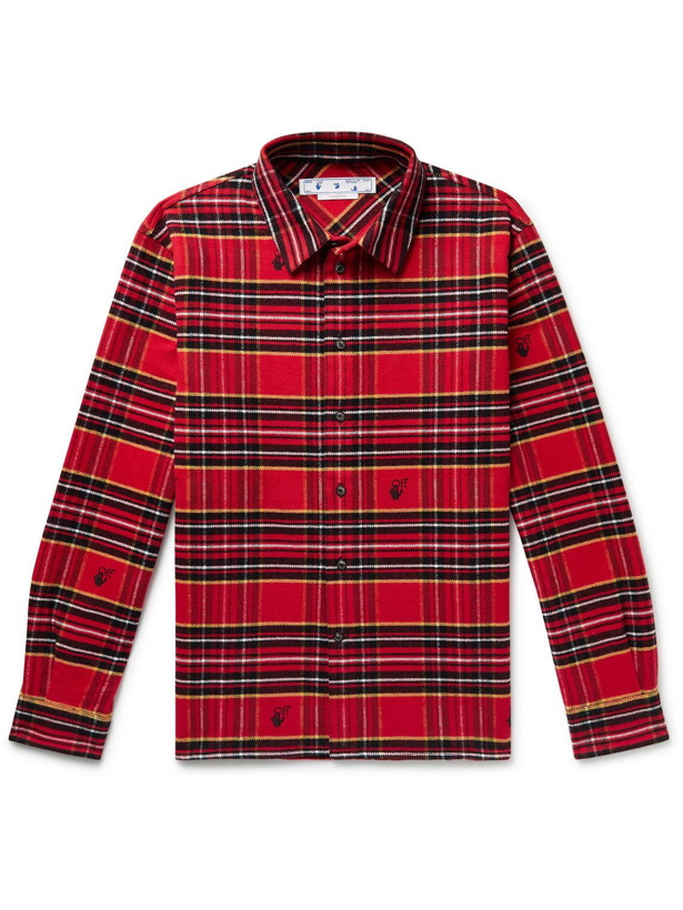 Photo: Off-White - Logo-Embroidered Checked Cotton-Blend Flannel Shirt - Red