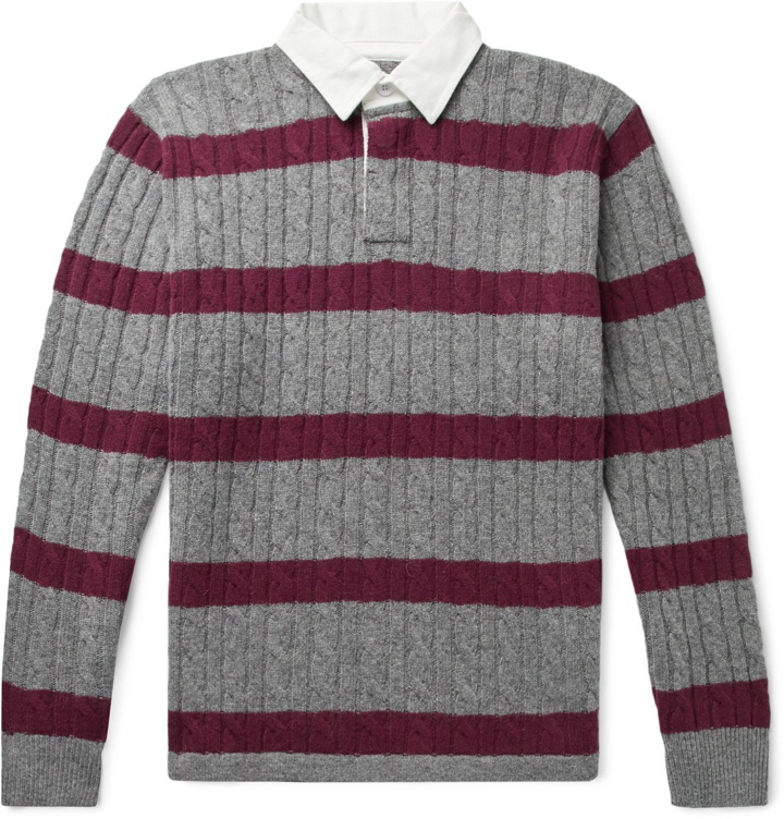 Photo: Beams Plus - Twill-Trimmed Striped Cable-Knit Wool-Blend Sweater - Gray