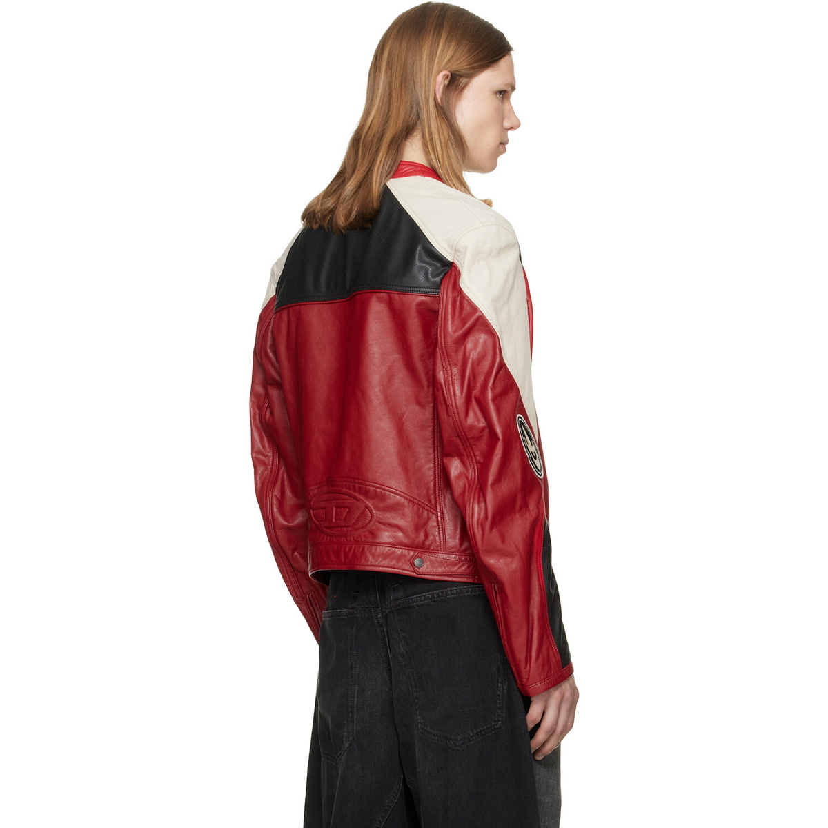 Diesel Red Colour-Block Perforated Leather Biker Jacket