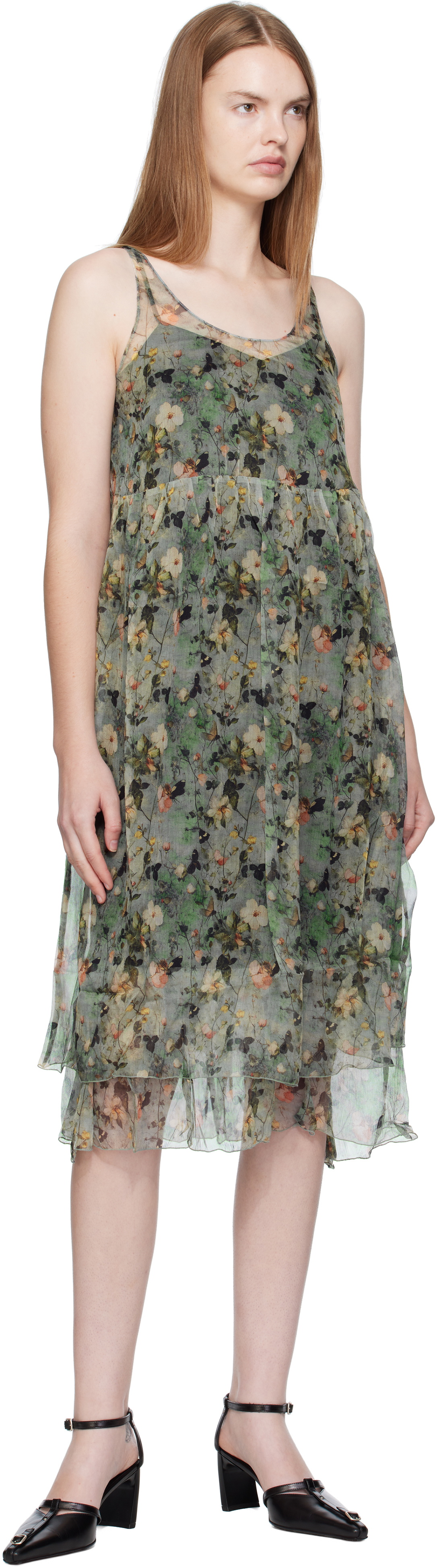 R13 Green Gathered Tank Midi Dress