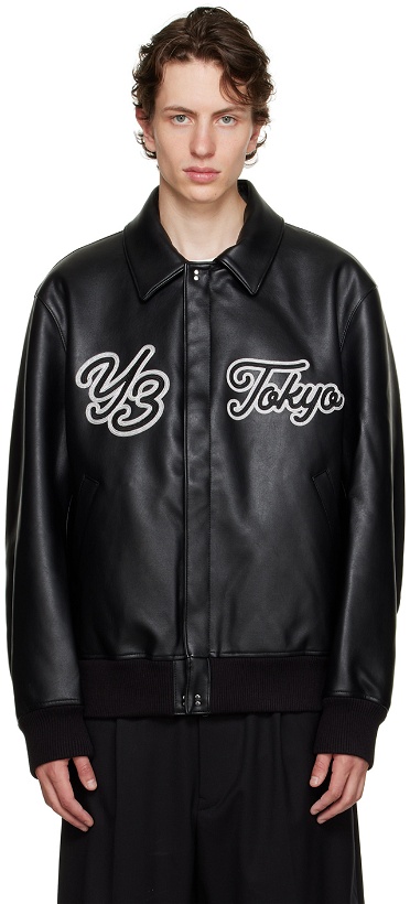 Photo: Y-3 Black Collared Faux-Leather Bomber Jacket