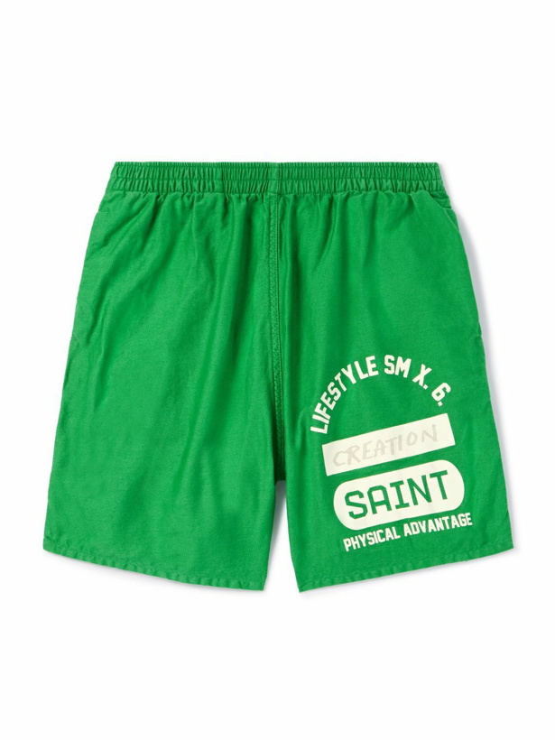 Photo: SAINT Mxxxxxx - Straight-Leg Logo-Print Cotton-Twill Shorts - Green