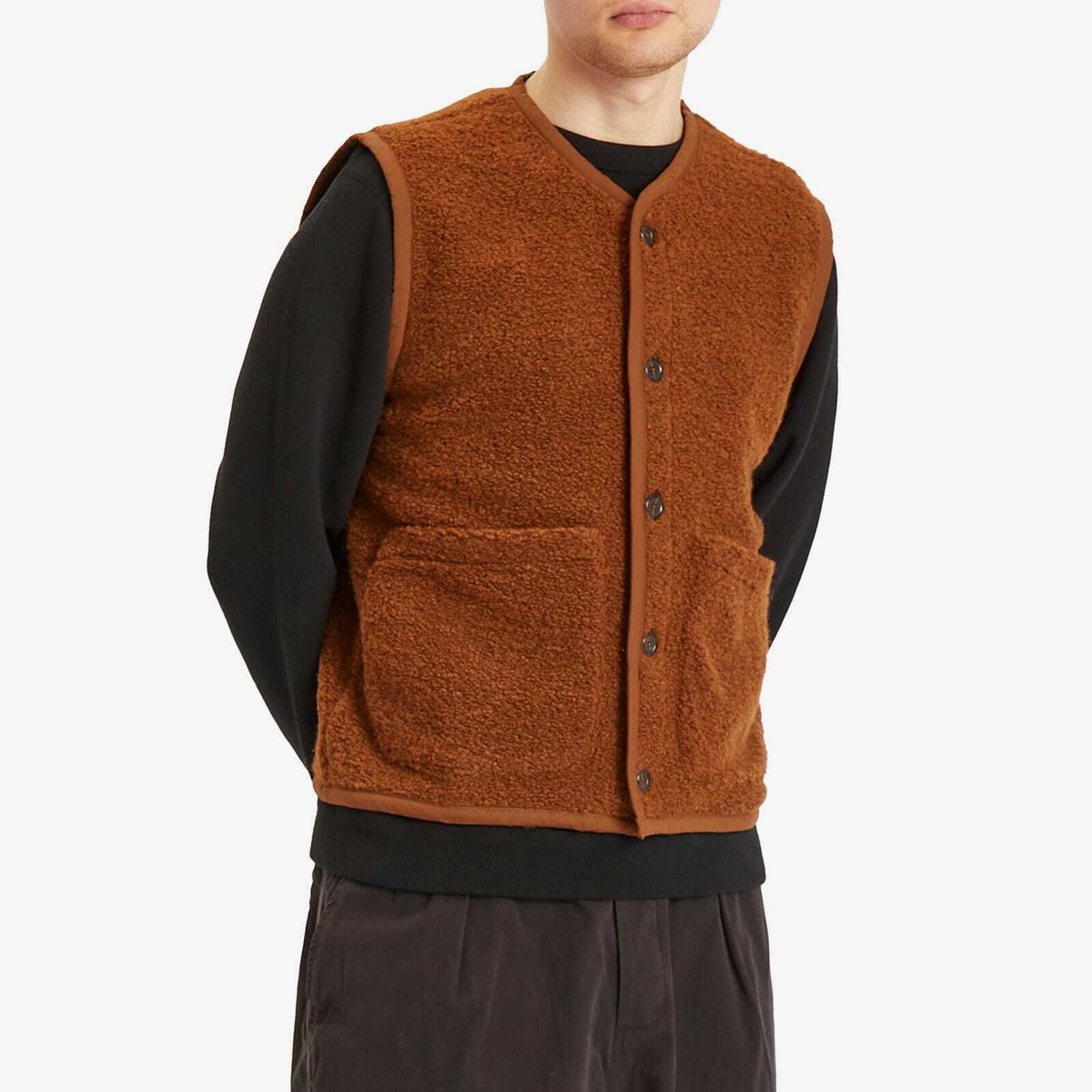 Universal Works Men's Boucle Alvar Fleece Lancaster Gilet in Brown