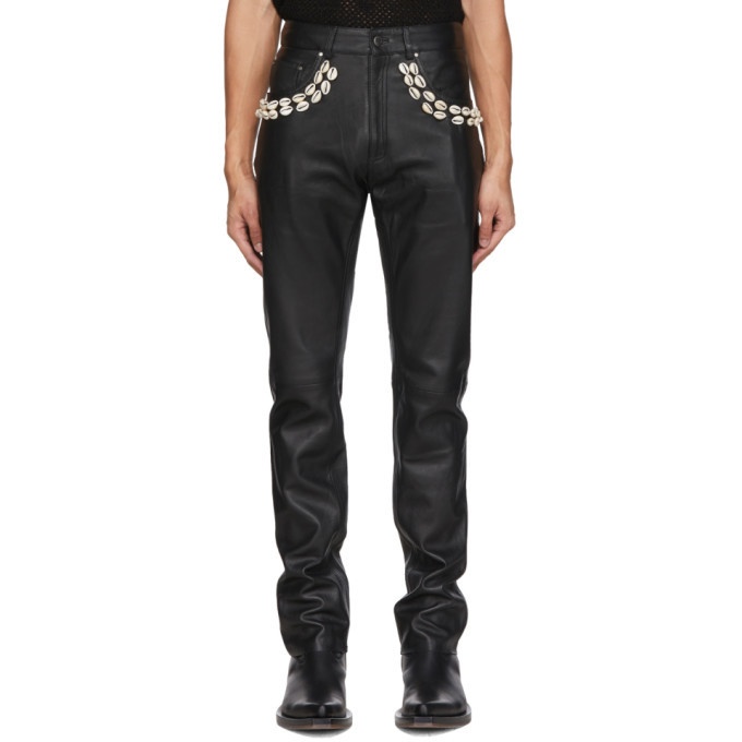 Photo: Eastwood Danso SSENSE Exclusive Black Leather Cowrie Shell Trousers