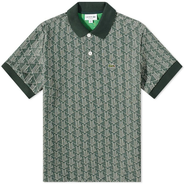 Photo: Lacoste Men's Geometric Monogram Polo Shirt in Green/Wood Shaving