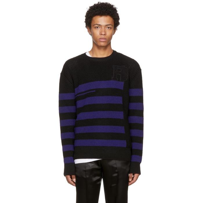 Raf Simons Black and Blue Striped Roundneck Sweater adidas x Raf Simons