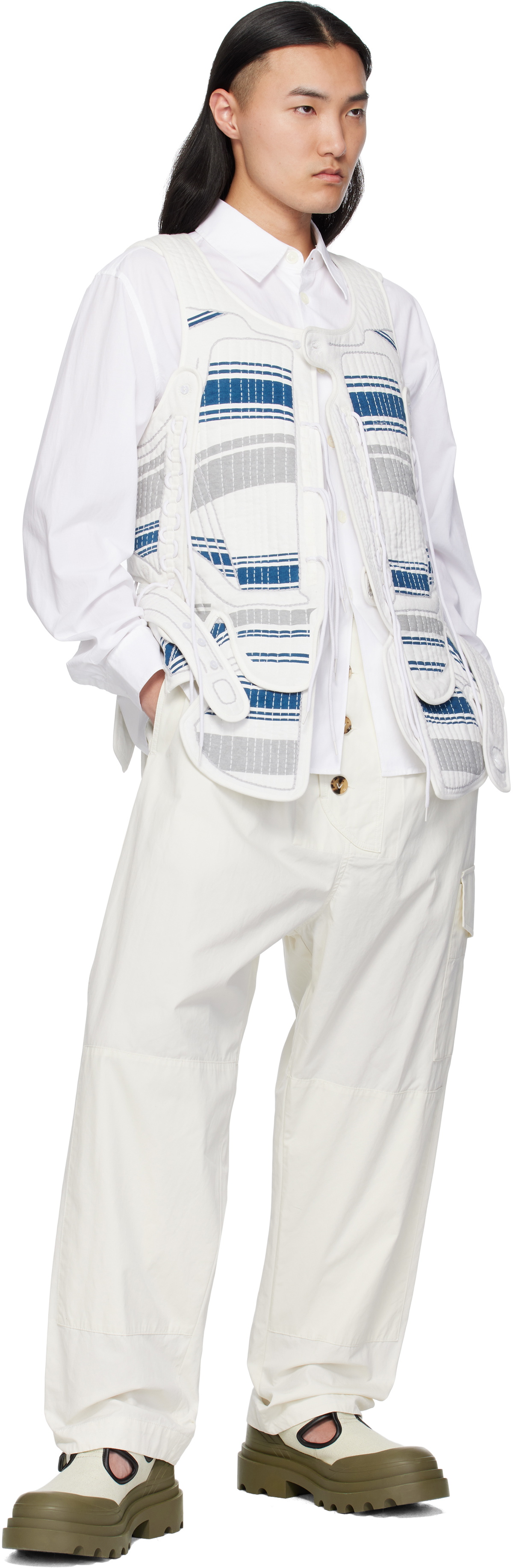 Craig Green White & Navy Hand-Embroidered Harness Vest