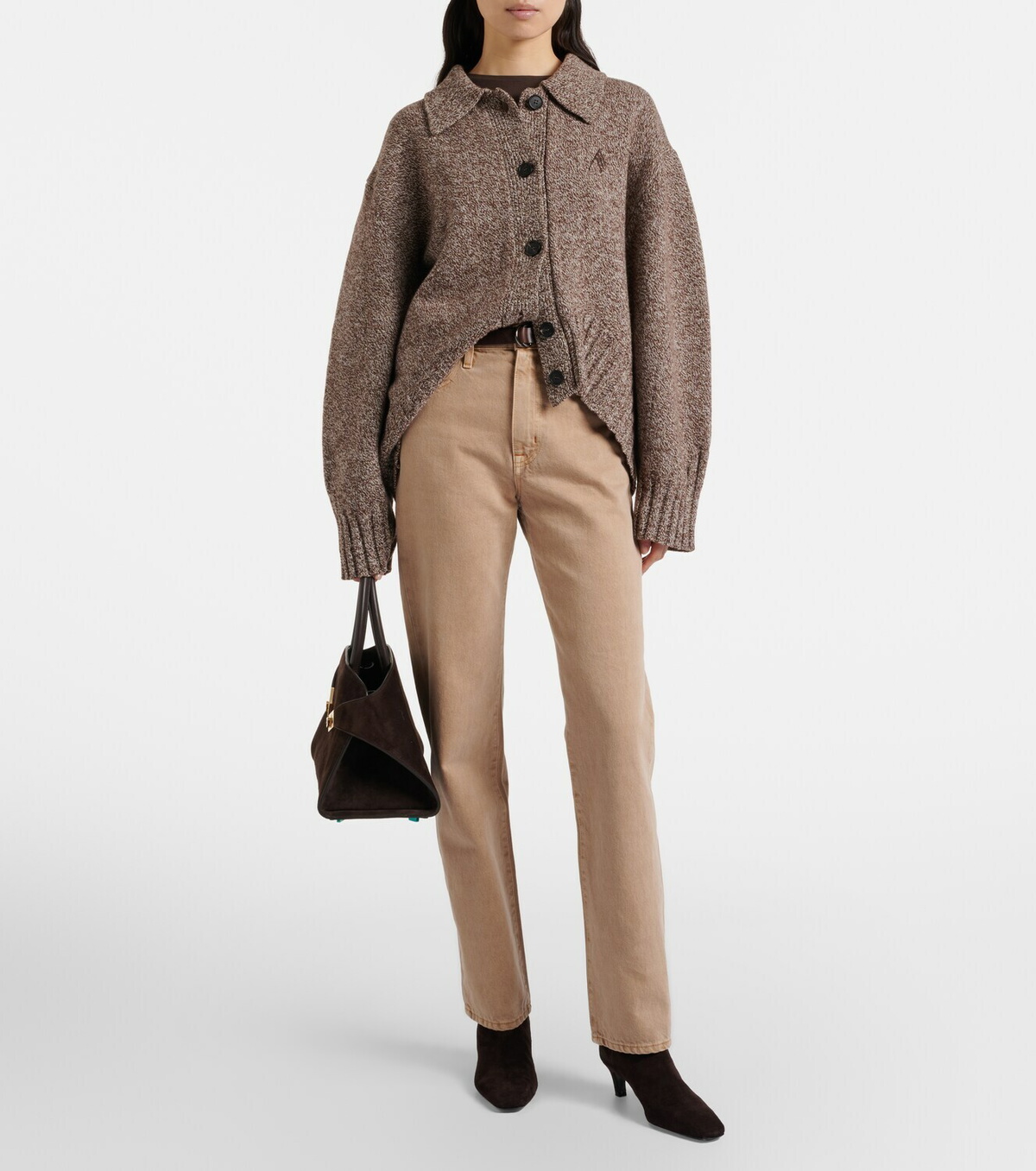 Brown suede ankle boots with chunky cardigan