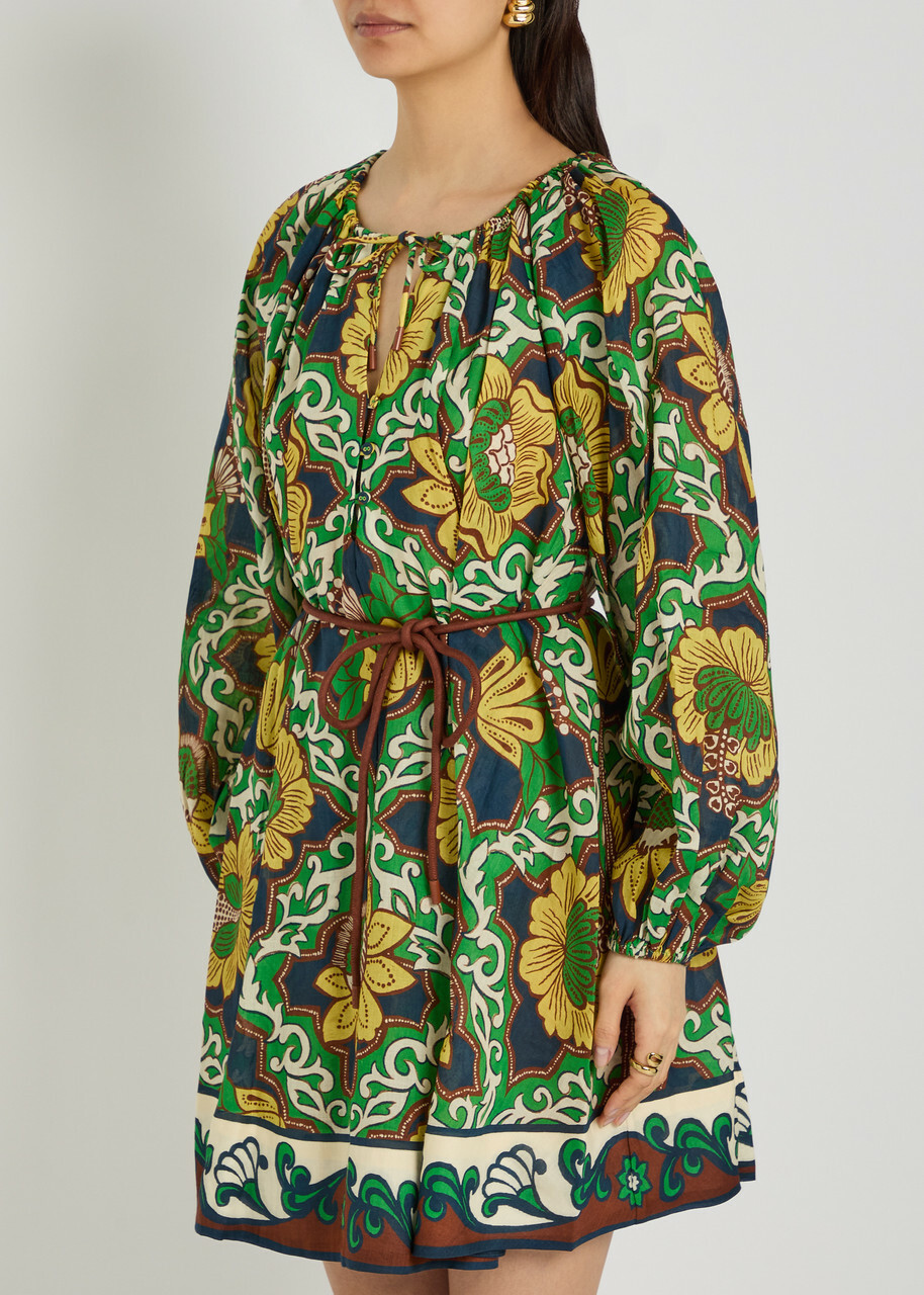 Alemais Liana Belted Printed Ramie Mini Dress Multicoloured