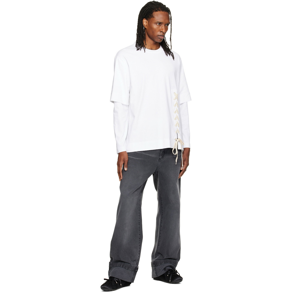 Simone Rocha White Lace Up Hem Layered Long Sleeve T-shirt